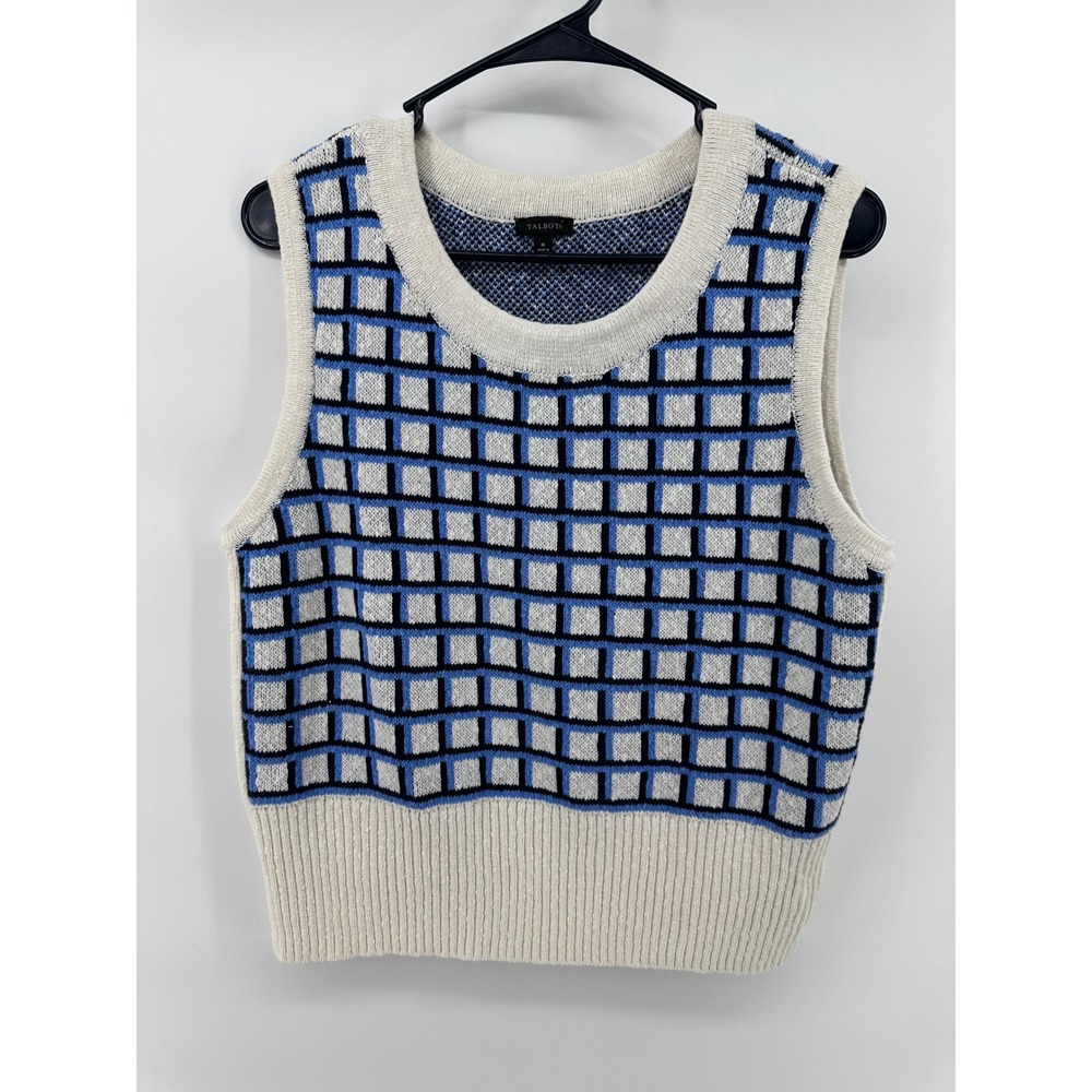 Talbots Womens Medium Blue Ivory Grid Cotton Knit Sweater Vest Preppy Office